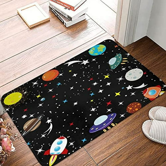 Cartoon Rocket Spaceship Planets Star Door Mat 30 x 18 Inch Sponge Velvet Surface Area Rug Non Slip Kitchen Indoor Floor Runner Rugs for Home Decor Bedroom Living Dining Room