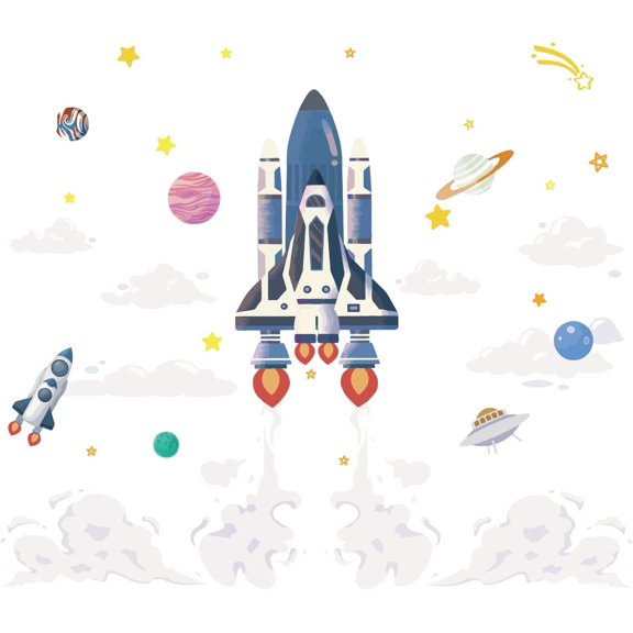 Cartoon Rocket Stickers Colorful Space Saucer Wall Art Planetary Clouds Wall Decals Peel and Stick Removable Wall Stickers for Boy's Room s Room Space Fans Making DIY