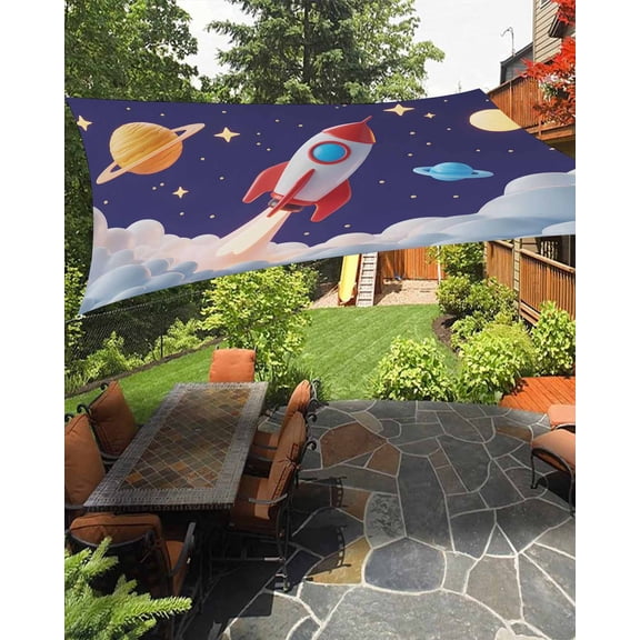Cartoon Rocket Sun Shade Sail 6.5'X10' Cloud Space Stars Cute Planet Classic UV Block Outdoor Sail Shades Breathable Waterproof Rectangular Sunshade for Patio Garden Pool Pergola Porch