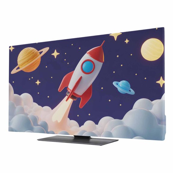 Cartoon Rocket TV Dust Cover 24 Inch, Cloud Space Stars Cute Planet Classic Computer Monitor Cover Dustproof Stretchable Indoor TV Screen Protector for LED LCD Universal Monitors