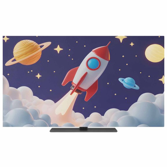 Cartoon Rocket TV Dust Cover,Stretchable TV Screen Desktop Computer Protector Cover,Funny Space Planet Blue Starry Sky Cloudy Television Dustproof Slipcover for 19–24 Inch Flat or Curved TVs