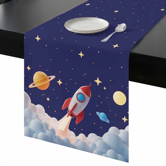 Cartoon Rocket Table Runner 13x72 Inch Cloud Space Stars Cute Planet Classic Table Runner Non-Slip Dresser Scarves for Holiday Decorations, Party, Dinner and Gatherings, 1 Pack
