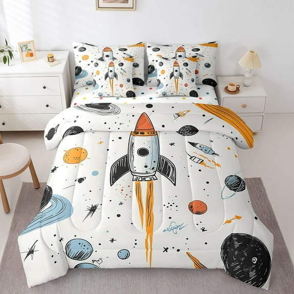 Cartoon Rocket Twin Comforter Set with Sheets - 7 Pieces Doodle Out Space Planet Twin Size Bedding Sets,Graffiti Stars Bed in a Bag with Comforter,Sheets,Pillowcase & Shams