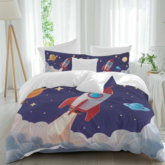Cartoon Rocket Twin Size Comforter Set, Cloud Space Stars Cute Planet Classic Bedding for All Seasons, 4 Pcs Bed Set, 1 Quiltcover (68"x86") ,1Sheet(67"x116"), 2Pillowcases (30"x20")
