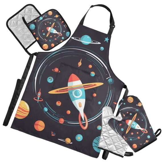 Cartoon Rocket and Planet 5 Pcs Kitchen Set Heat Resistant Oven Mitts and Non-Slip Pot Holders with Adjustable Cooking Apron