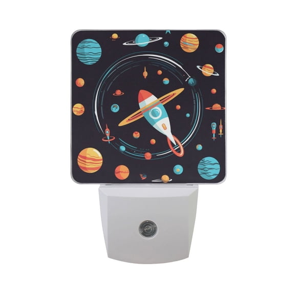 Cartoon Rocket and Planet Night Light 2 Pack LED Nightlight Plug into Wall Dusk to Dawn Sensor Soft White