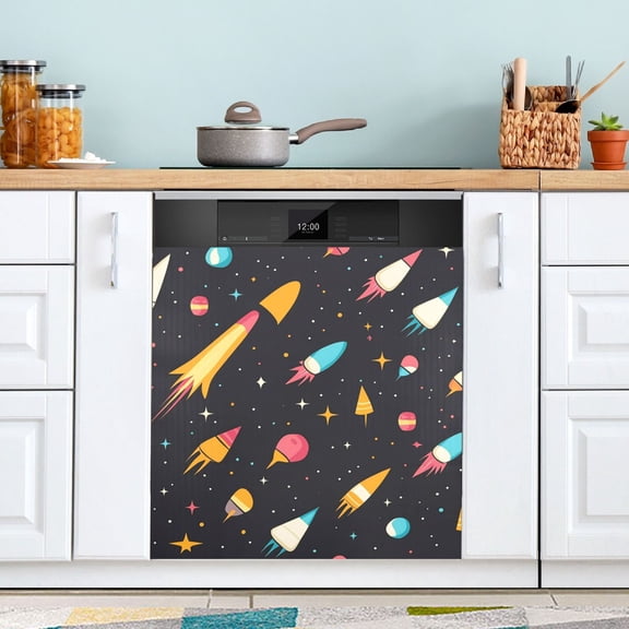 Cartoon Rocket with Space Dishwasher Magnet Cover for Washers Fridge Panel Decal 23"W x 26"H Inch