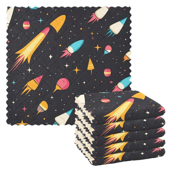 Cartoon Rocket with Space Kitchen Cloth Dish Towels for Drying Washing Absorbent Dish Rags 6 Pack