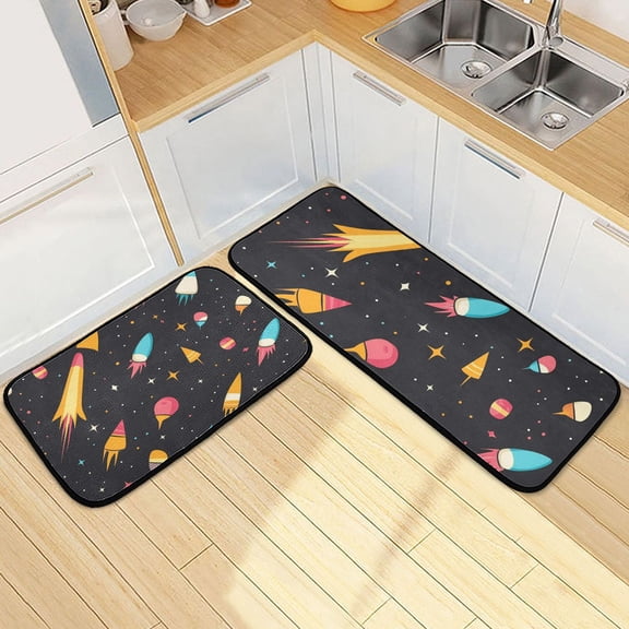 Cartoon Rocket with Space Kitchen Mat Set of 2 Cushioned Non Slip Rugs for Bedroom Floor Runner Mats
