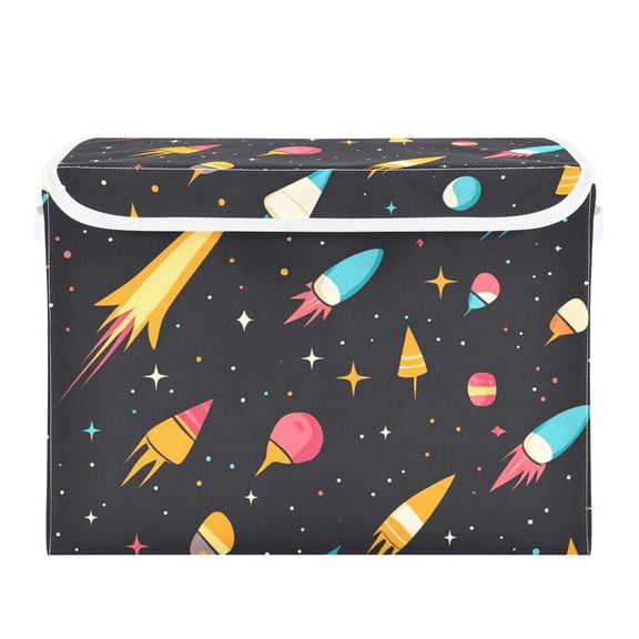 Cartoon Rocket with Space Large Storage Bins with Linen Collapsible Lid Storage Box 16.7 x 12.6 x 11.8in