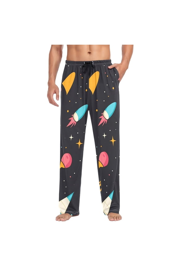 Cartoon Rocket with Space Mens Cotton Pajama Pant Sleep and Lounge Bottons with Pockets
