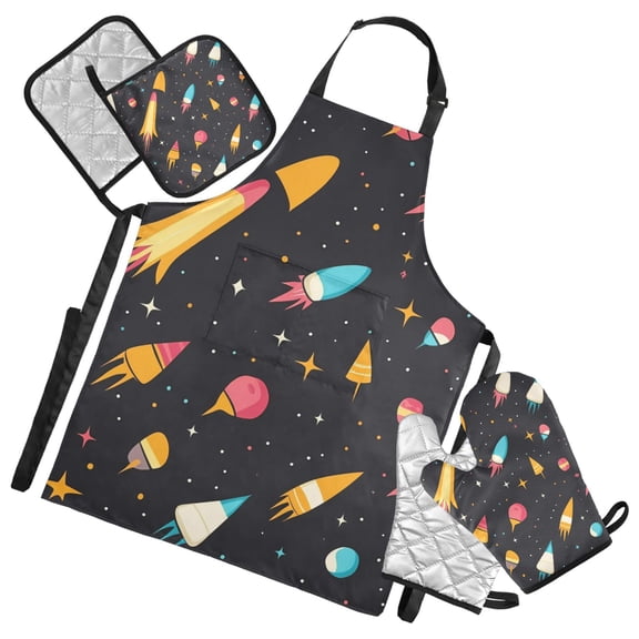 Cartoon Rocket with Space Oven Mitts and Pot Holders with Chef Apron Set 5 Pcs Kitchen Cooking Set
