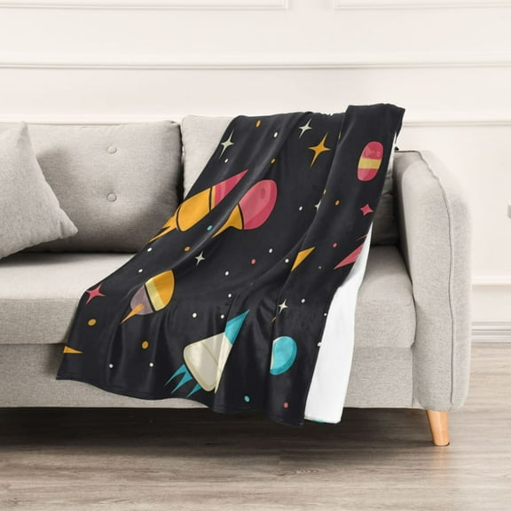 Cartoon Rocket with Space Throw Blanket 60" x 90" Soft and Warm Blankets for Couch Sofa and Bed