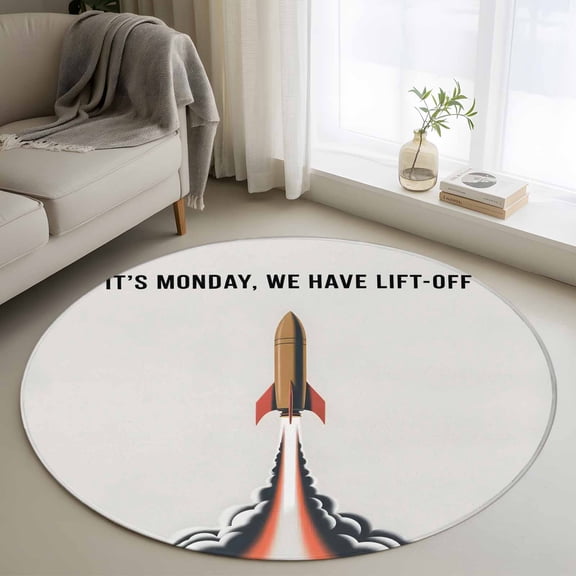 Cartoon Rockets 3ft Area Rug, Letters It's Monday We Have Lift-off Washable Non-Slip Small Round Rugs for Entryway Bedroom Kitchen, Soft Circle Carpet for Dining Room, Playroom Nursery Rug