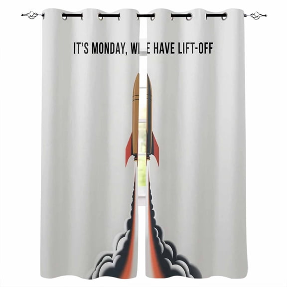 Cartoon Rockets Blackout Curtains for Bedroom/Living Room, Thermal Insulated Kitchen Curtains, Letters It's Monday We Have Lift-off Grommet Darkening Window Treatment Drapes 52"x72"x2