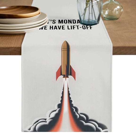Cartoon Rockets Cotton Linen Table Runner for Dining Kitchen, Letters It's Monday We Have Lift-off Wedding Outdoor Party Tablerunners Decoration, Dresser Scarf Coffee Tablecloth Runners 13x36 Inches