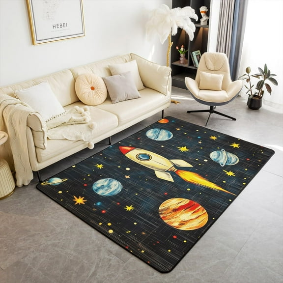 Cartoon Rockets Decorative Rug,Starry Sky Galaxy Indoor Floor Mat For Playroom Bedside Sofa Bedroom,Planets Outer Space Non Shedding Rug For Kids Teen Boys Girls 2x3ft