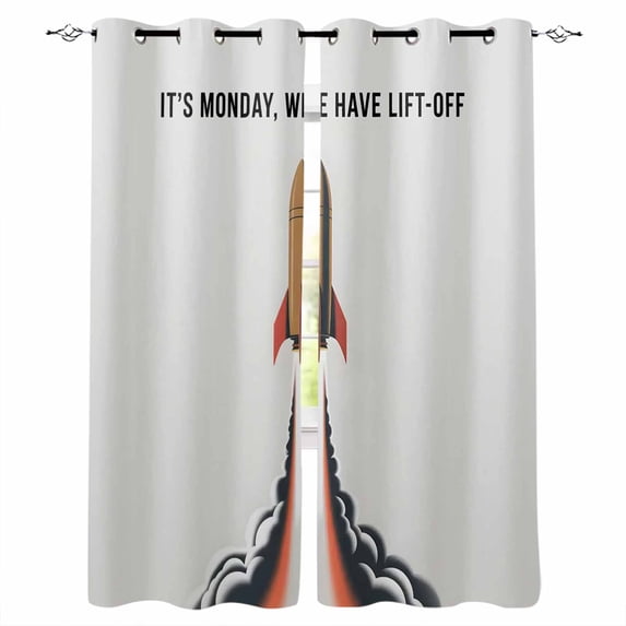 Cartoon Rockets Kitchen Curtains Letters It's Monday We Have Lift-off Cafe Short Curtains for Bathroom Blackout Window Curtain Grommet Small Window Treatment Drapes for Bedroom Living Room 42"x45"x2