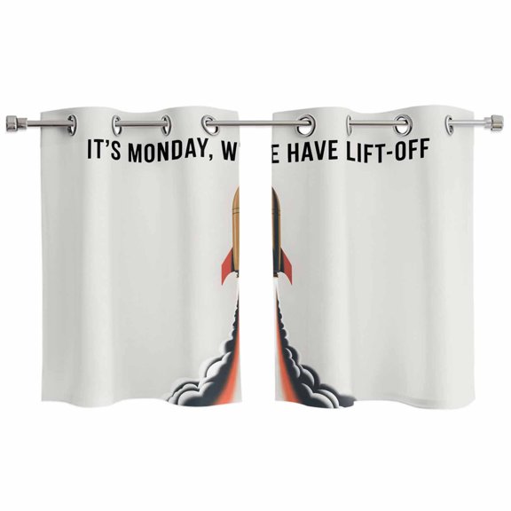 Cartoon Rockets Kitchen Curtains Window Panels, Letters It's Monday We Have Lift-off Insulated Window Treatment Curtain, Grommet Curtains for Bedroom/Living Room/Bathroom, 2 Piece 27.5"Wx39"L