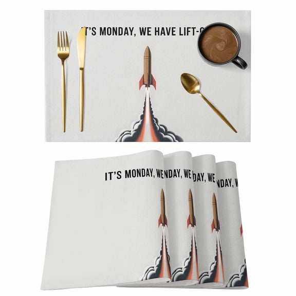 Cartoon Rockets Placemats Set of 8 Letters It's Monday We Have Lift-off Place Mats Indoor Wipeable Table Mats Washable Cloth Dining Table Placemats for Kitchen Holiday Party Home Decor 13x19 Inch