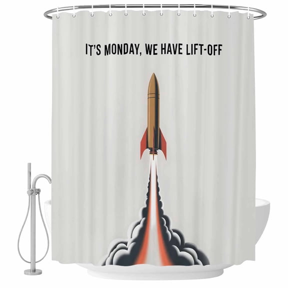 Cartoon Rockets Shower Curtain Set - Small 36" x 72" Washable Bathtub Curtain with 12 Hooks, Letters It's Monday We Have Lift-off Waterproof Fabric Stall Shower Curtains for Bathroom/Bathtub Décor