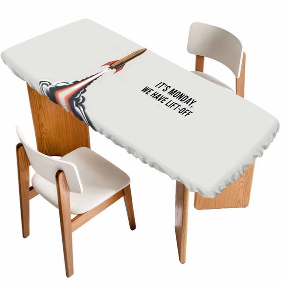 Cartoon Rockets Table Cloths for 8 Foot Rectangle Tables, Letters It's Monday We Have Lift-off Patio Waterproof Elastic Fitted Tablecloths, Washable Rectangular Table Cover for Camping