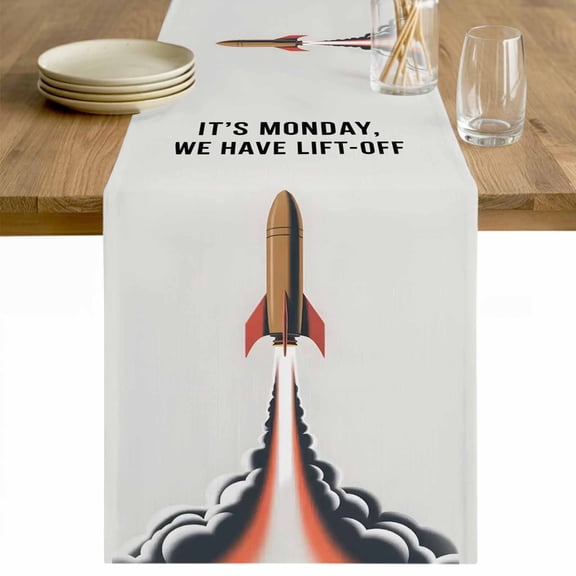 Cartoon Rockets Table Runner - 48 Inch Long Letters It's Monday We Have Lift-off Cotton and Linen Blended Dress Scarves Farmhouse Table Runner for Kitchen Dining, Coffee Table, 13" x 48"