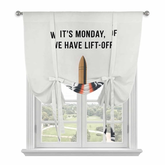 Cartoon Rockets Tie Up Curtains for Windows, Adjustable Balloon Window Shades, Letters It's Monday We Have Lift-off Kitchen Window Treatments Farmhouse Short Curtains with Rod Pocket 42"x45"