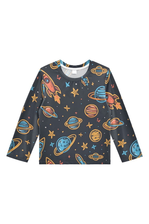 Cartoon Rockets and Stars Boys' Rash Guard Shirts UPF 50 Plus Sun Protection Short Sleeve Swim Tees 9-10T
