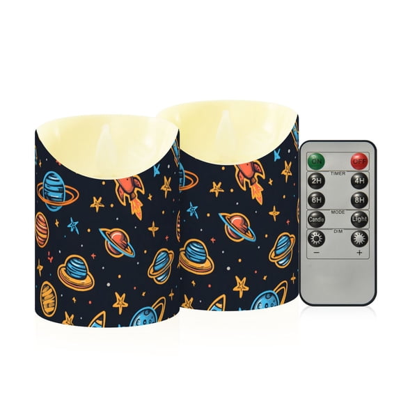 Cartoon Rockets and Stars Flameless Candles 2 PCS with Remote Realistic Moving Flame LED Tapered Pillar Set for Home Decor
