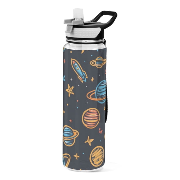 Cartoon Rockets and Stars Sport Water Bottle Tritan with Straw 1000ml Portable for Outdoor Daily Use