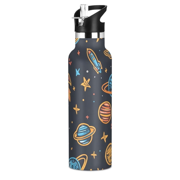 Cartoon Rockets and Stars Sport Water Bottle for Kids Insulated with Straw for School Outdoor Daily Use