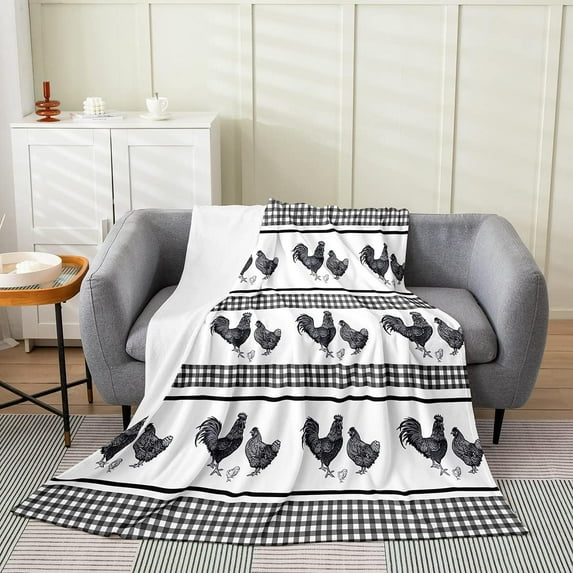 Cartoon Rooster Blanket for Kids Boys Girls,Vintage Chicken Throw Blanket 40x50,Rustic Farmhouse Animal Fleece Blanket,Black White Plaid Check Flannel Blanket Living Room Decor
