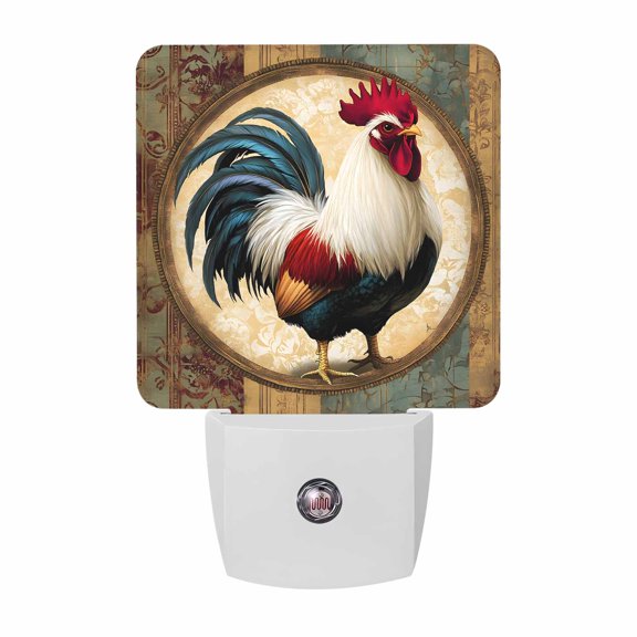 Cartoon Rooster Flowers Plug-in LED Night Lights Vintage Painting Auto Dusk-to-Dawn Sensor for Bedroom, Bathroom, Kitchen, Nursery, Hallway, Stairs, Wall Home Decor