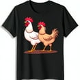 Cartoon Rooster Graphic Black TShirt Fun White & Brown Design