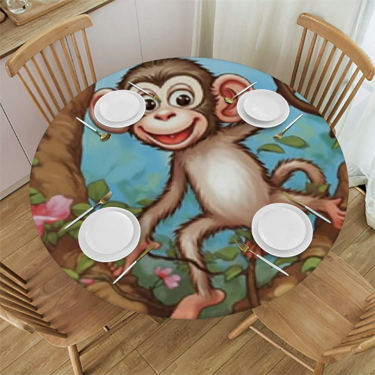 Cartoon Round Fitted Tablecloth Cover,Children Kid Apes Monkeys Playing ...