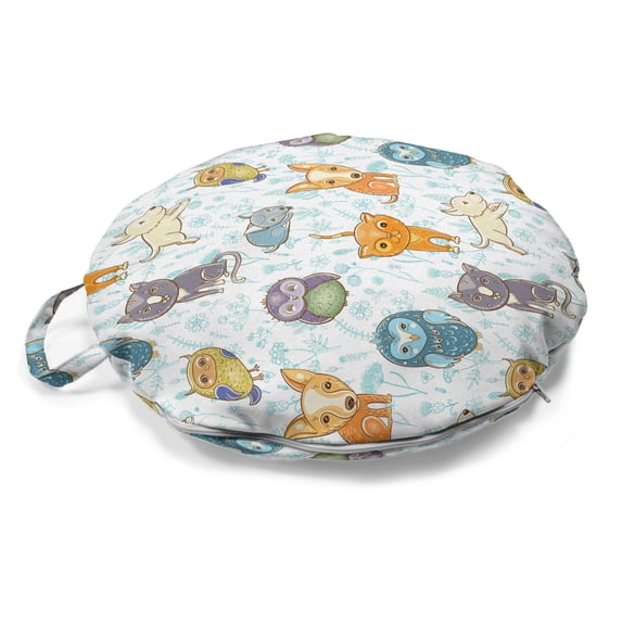 Cartoon Round Floor Cushion with Handle, Demonstration of Animals Kitten Puppy Fox Owls Fun Times Floral Background, Decorative Pillow for Living Room & Dorms, 18" Round, Multicolor, by Ambesonne