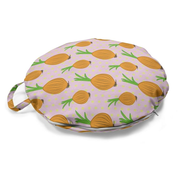 Cartoon Round Floor Cushion with Handle, Onions on a Pink Background of Polka Dots, Decorative Pillow for Living Room & Dorms, 18" Round, Pale Pink Multicolor, by Ambesonne