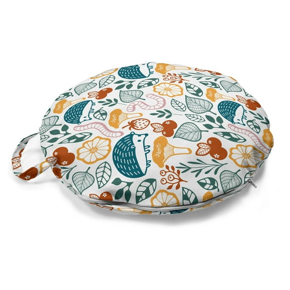 Cartoon Round Floor Cushion with Handle, Summer Plants Hedgehog Forest Flowers Cherry Mushroom Strawberry Print, Pillow for Living Room & Dorms, 18" Round, White and Multicolor, by Ambesonne