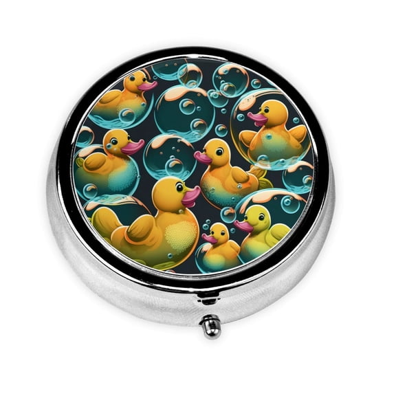 Cartoon Rubber Ducks Soap Bubbles Retro Mini Round Pill Box Portable Small Pill Case Organizer with 3 Compartments for Pocket Purse