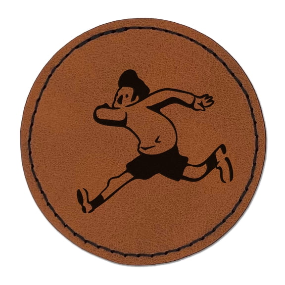 Cartoon Running Man Exercise 2.5" Faux Leather Round Engraved Iron-On Patch - Brown