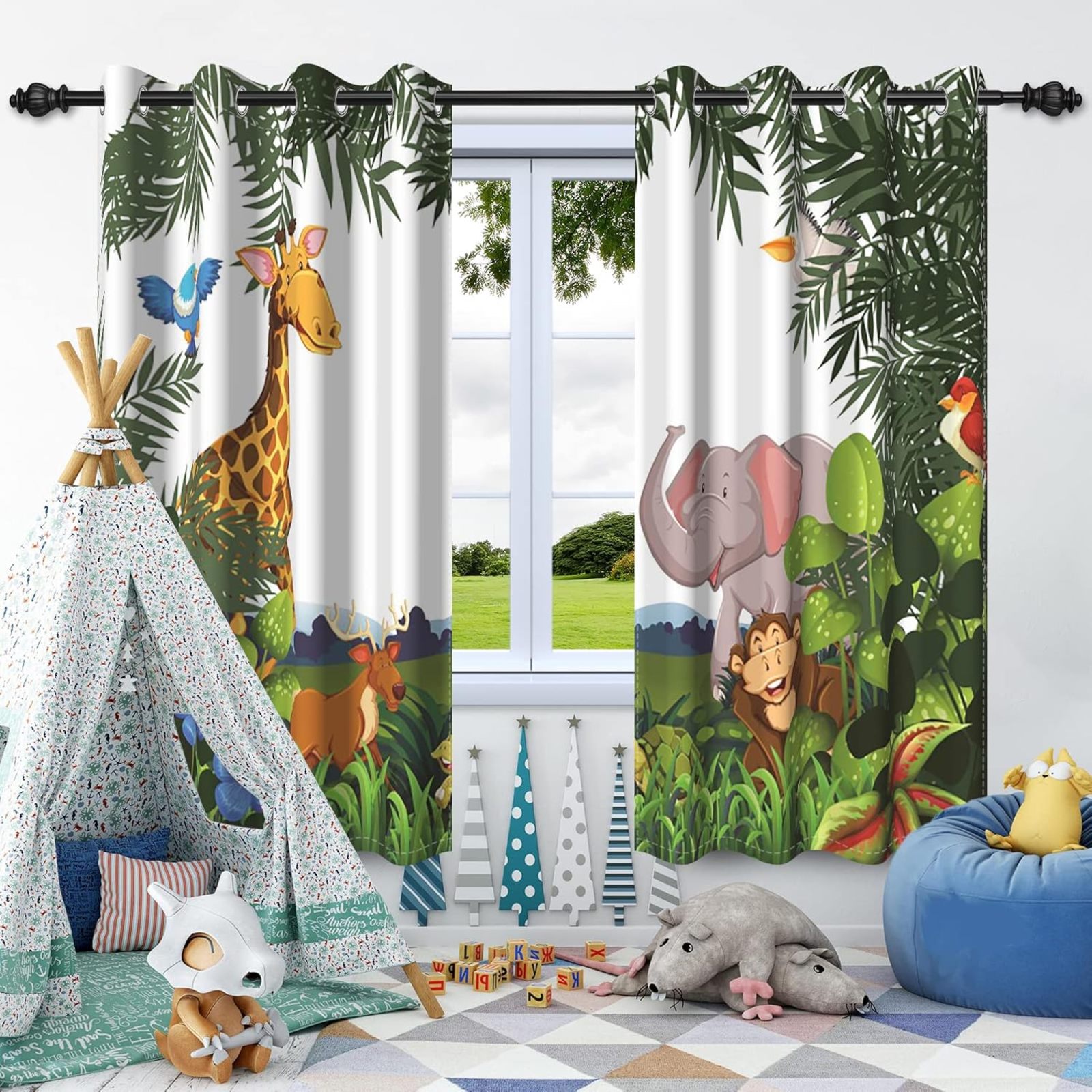 Cartoon Safari Animals Window Curtains Green Jungle Fauna Wildlife Zoo ...