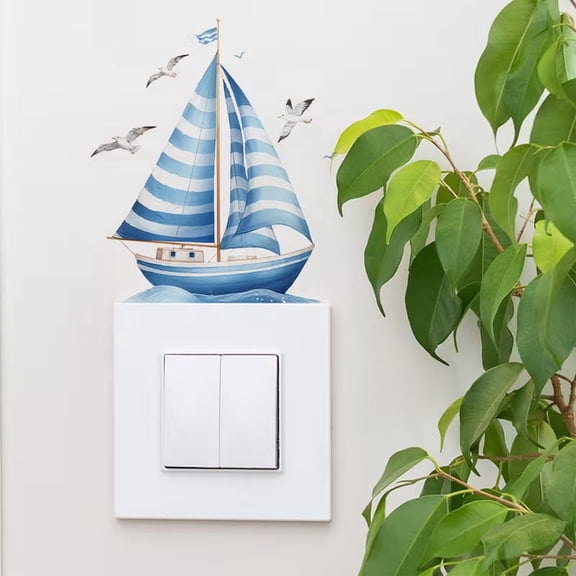 Cartoon Sailboat Light Switch Sticker Nautical Blue White Stripes Seagulls Decal for Kids Room Bathroom Beach Themed Decor Removable Wall Sticker