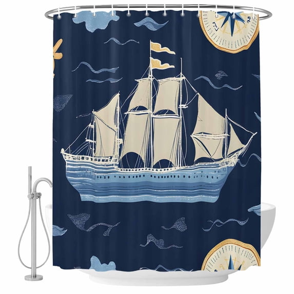 Cartoon Sailboat Ocean Fabric Shower Curtain Nautical Compass Washable Shower Curtains for Bathroom, Waterproof Bath Curtain with Hooks Home Decor 72x84in