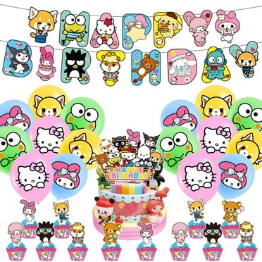 Cartoon San-rioParty Supplies Kitty Melody Kuromi Birthday Decorations Set Include Banner, Balloons, Stickers, Hanging Swirls, Cake Cupcake Toppers, Tablecloth for Boys Kid Theme Party