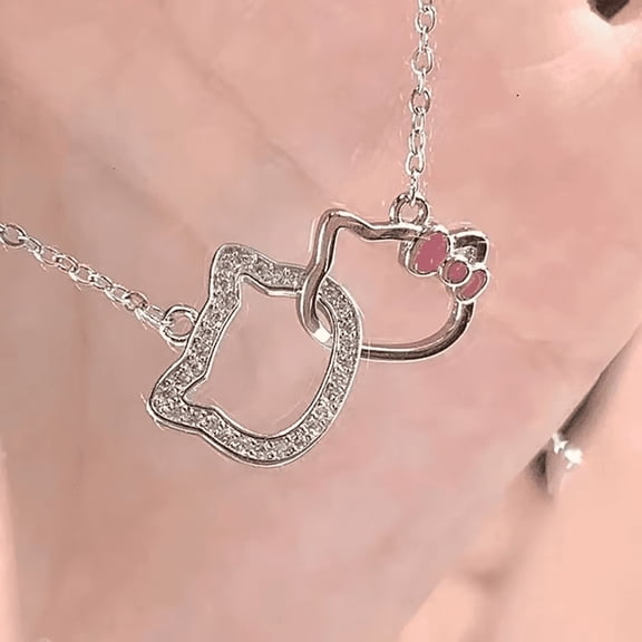 Cartoon Sanrio Hello Kitty Necklace Pendant Kawaii Double Ring Clavicle Chain Girlfriend Charms Clasped Anime Chain Jewelry Gift