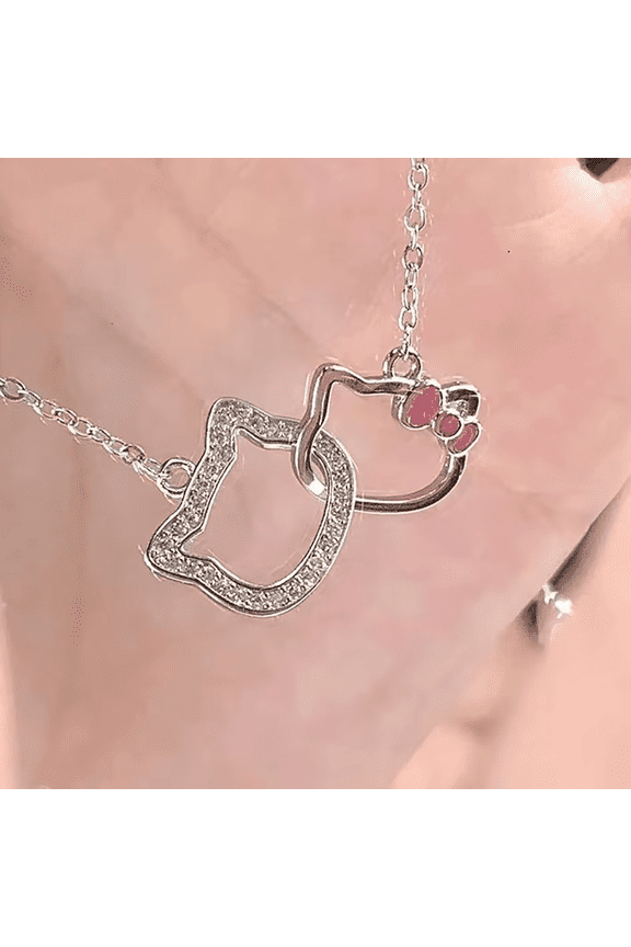 Cartoon Sanrio Hello Kitty Necklace Pendant Kawaii Double Ring Clavicle Chain Girlfriend Charms Clasped Anime Chain Jewelry Gift