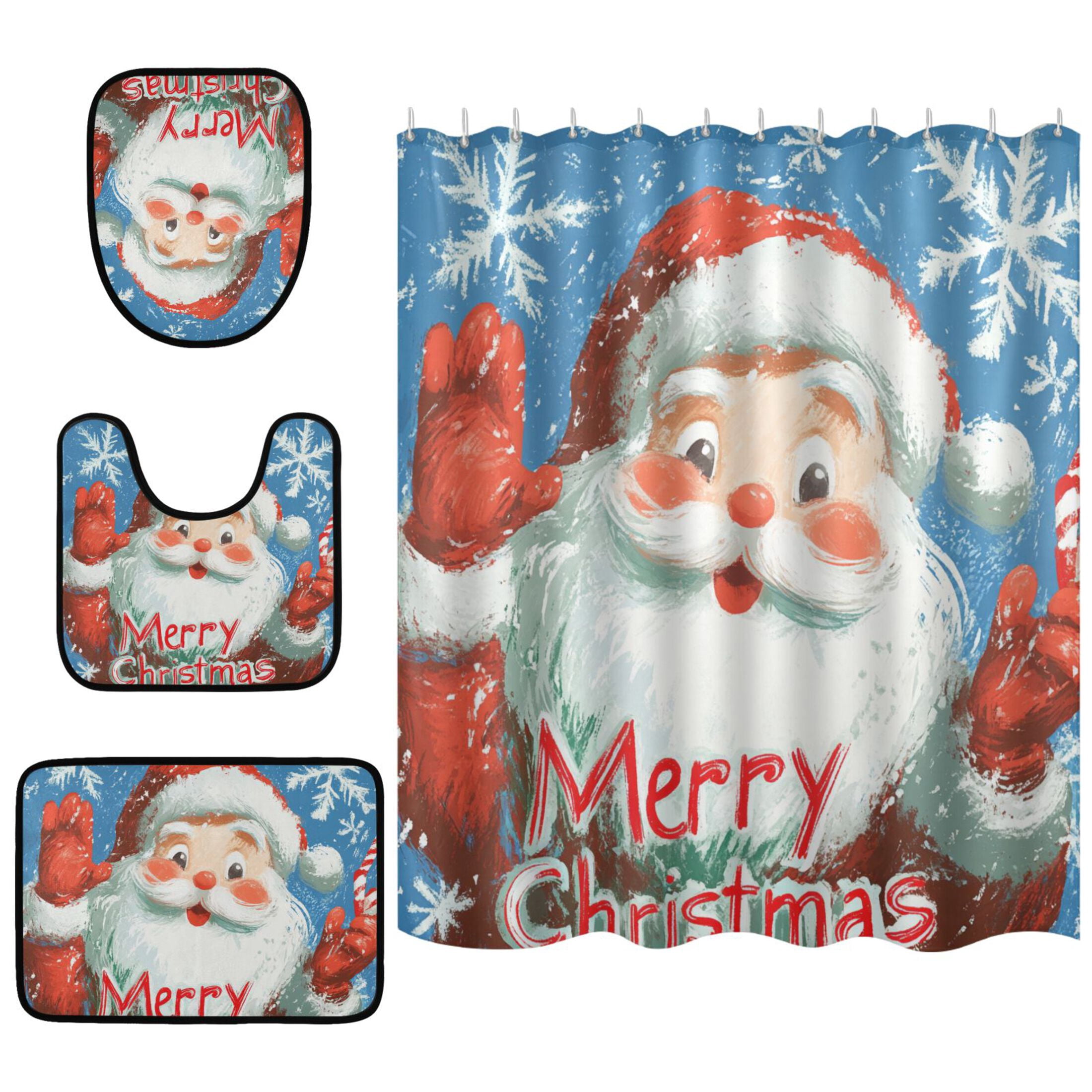 Cartoon Santa Claus 4 Pcs Bathroom Shower Curtain Set with Rugs Bath ...