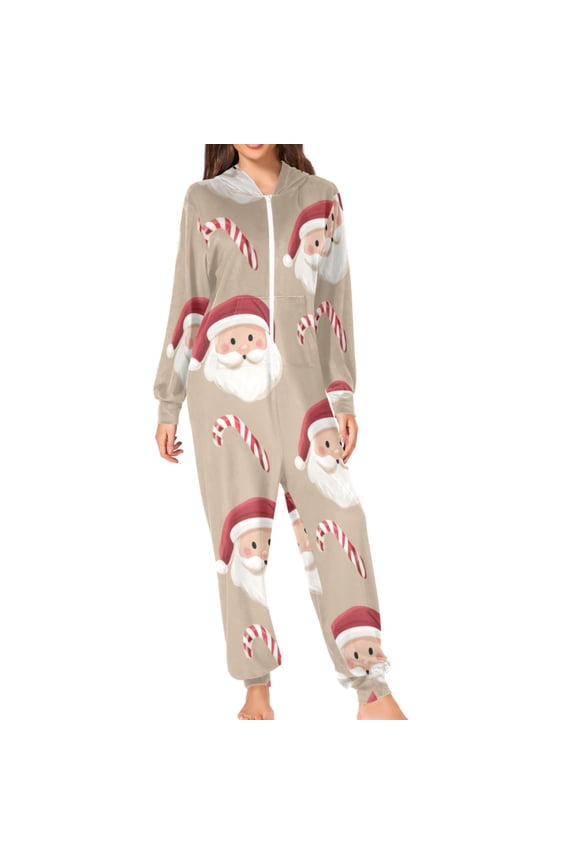 Cartoon Santa Claus Faces Candy Canes Adult's Hoodie Onesie Jumpsuit One-Piece Pajamas with Zipper Unisex for Holiday M