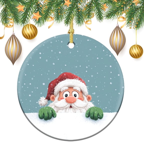 Cartoon Santa Claus Peeking Snowflakes Ornament Merry Christmas Cute Santa Claus Double Sided Porcelain 3 Inch Christmas Tree Hanging Accessories for Family Friend